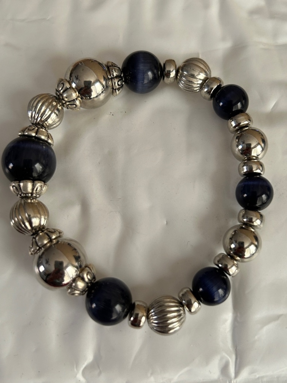 Elegant Blue and Silver Beaded Stretch Bracelet